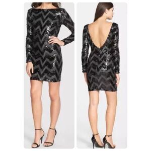 DRESS THE POPULATION 'LOLA' CHEVRON‎ SEQUIN BODY-CON MINI DRESS Black Size XS